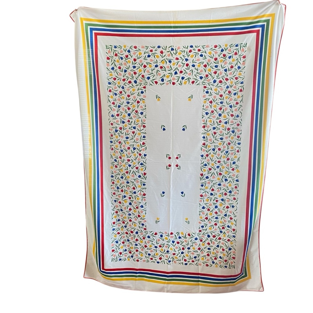 Vintage Vibrant Multicolor Floral & Stripe Long Tablecloth Retro Cottagecore